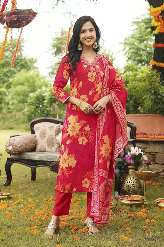 Women red viscose rayon floral embroidered straight kurta trousers with dupatta