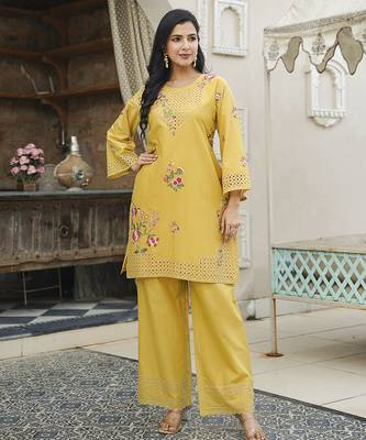 Women yellow pure cotton solid embroidered coord sets 2