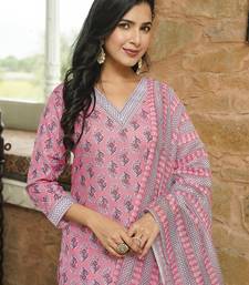 Women pink rayon blend ethnic motifs printed straight kurta trousers with dupatta