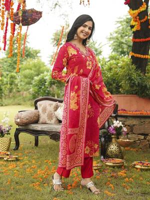 Women red viscose rayon floral embroidered straight kurta trousers with dupatta 3