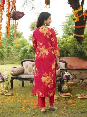Women red viscose rayon floral embroidered straight kurta trousers with dupatta 4