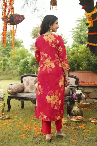 Women red viscose rayon floral embroidered straight kurta trousers with dupatta