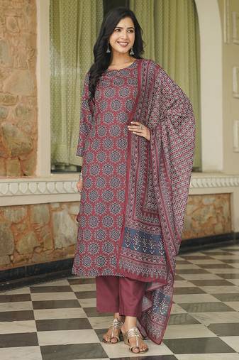 Women maroon rayon blend ajrakh printed straight kurta trousers with dupatta