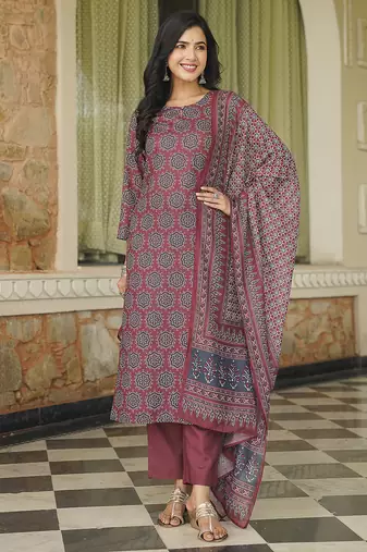 Women maroon rayon blend ajrakh printed straight kurta trousers with dupatta