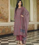 Women maroon rayon blend ajrakh printed straight kurta trousers with dupatta