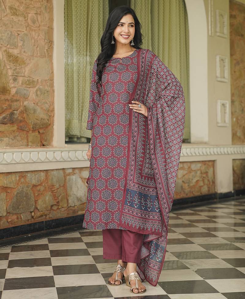 Women maroon rayon blend ajrakh printed straight kurta trousers with dupatta