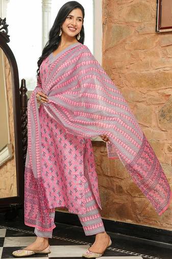 Women pink rayon blend ethnic motifs printed straight kurta trousers with dupatta