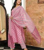 Women pink rayon blend ethnic motifs printed straight kurta trousers with dupatta