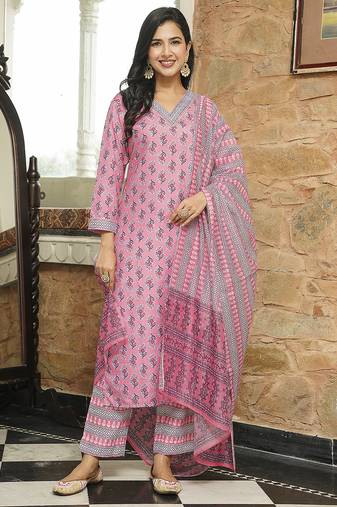 Women pink rayon blend ethnic motifs printed straight kurta trousers with dupatta