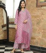 Women pink rayon blend ethnic motifs printed straight kurta trousers with dupatta
