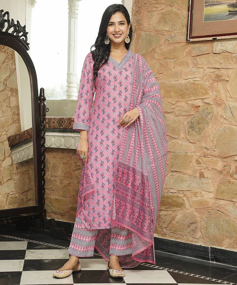 Women pink rayon blend ethnic motifs printed straight kurta trousers with dupatta