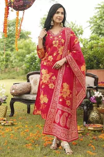 Women red viscose rayon floral embroidered straight kurta trousers with dupatta