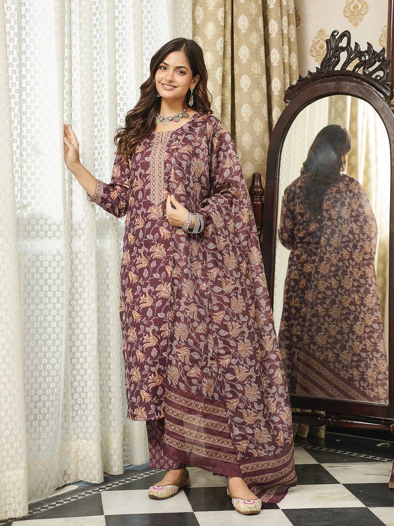 Women brown rayon blend floral printed straight kurta trousers with dupatta