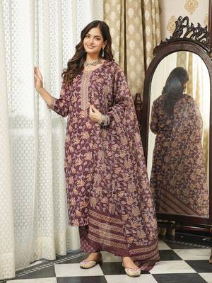 Women brown rayon blend floral printed straight kurta trousers with dupatta 1