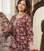 Women brown rayon blend floral printed straight kurta trousers with dupatta