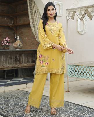 Women yellow pure cotton solid embroidered coord sets 5