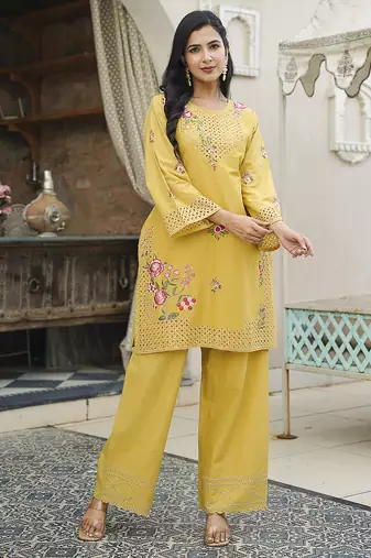 Women yellow pure cotton solid embroidered coord sets
