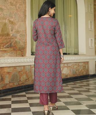 Women maroon rayon blend ajrakh printed straight kurta trousers with dupatta 4