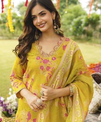 Women yellow viscose rayon floral embroidered straight kurta trousers with dupatta 1