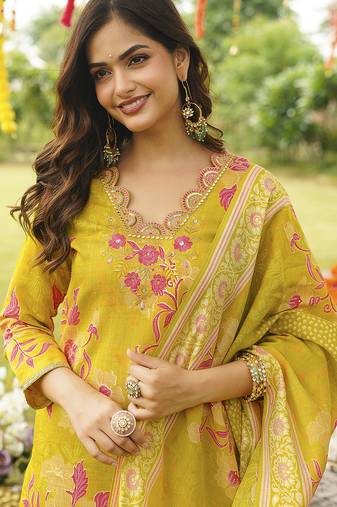 Women yellow viscose rayon floral embroidered straight kurta trousers with dupatta