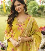 Women yellow viscose rayon floral embroidered straight kurta trousers with dupatta
