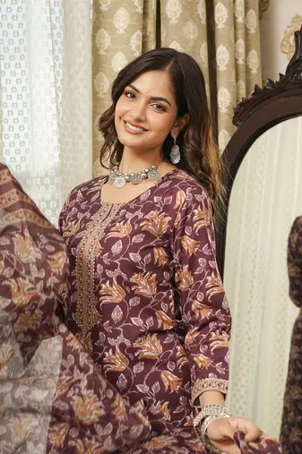Women brown rayon blend floral printed straight kurta trousers with dupatta
