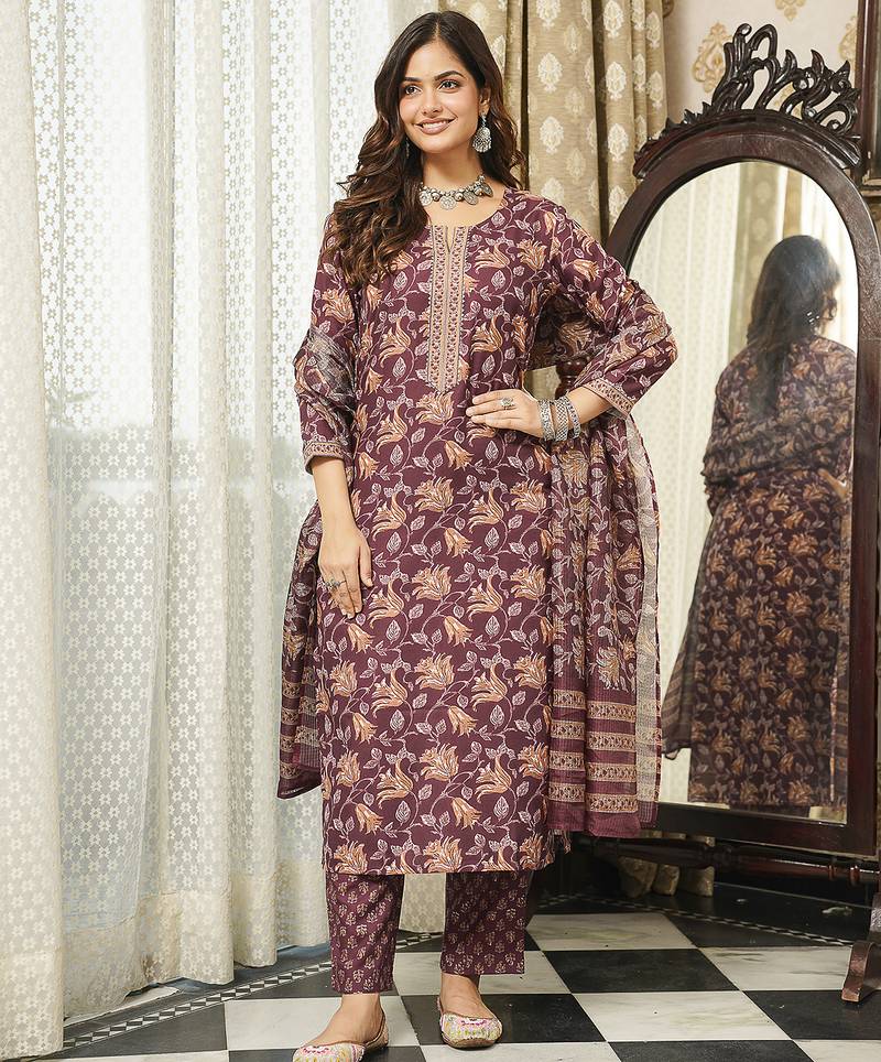 Women brown rayon blend floral printed straight kurta trousers with dupatta