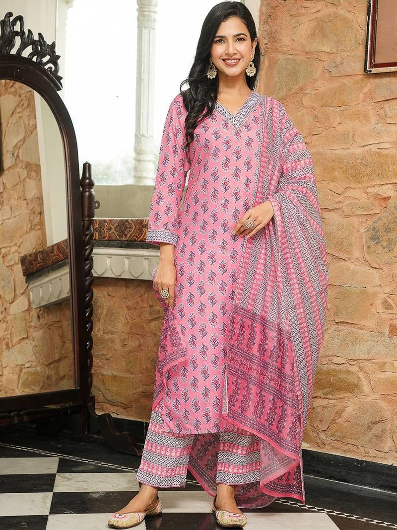 Women pink rayon blend ethnic motifs printed straight kurta trousers with dupatta