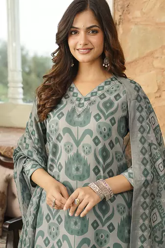 Women grey rayon blend ethnic motifs printed straight kurta trousers with dupatta