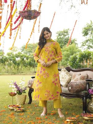 Women yellow viscose rayon floral embroidered straight kurta trousers with dupatta 2