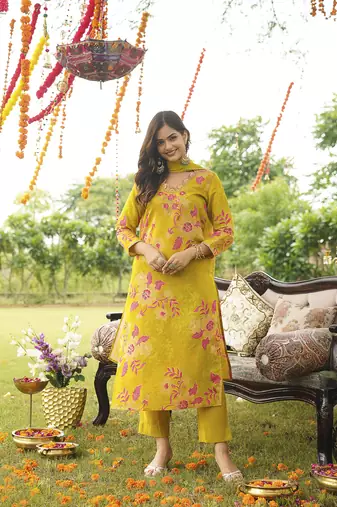 Women yellow viscose rayon floral embroidered straight kurta trousers with dupatta
