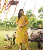 Women yellow viscose rayon floral embroidered straight kurta trousers with dupatta dsbfjdbsjbf