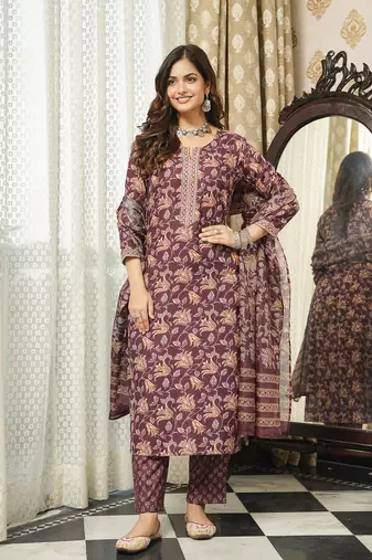 Women brown rayon blend floral printed straight kurta trousers with dupatta