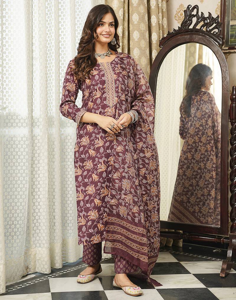 Women brown rayon blend floral printed straight kurta trousers with dupatta