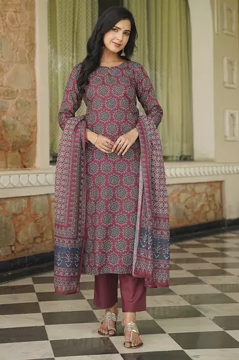 Women maroon rayon blend ajrakh printed straight kurta trousers with dupatta