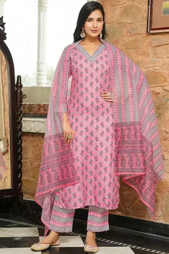 Women pink rayon blend ethnic motifs printed straight kurta trousers with dupatta