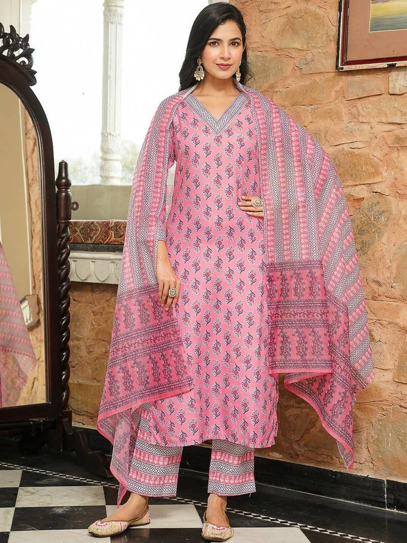 Women pink rayon blend ethnic motifs printed straight kurta trousers with dupatta
