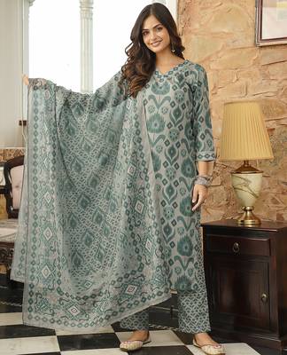 Women grey rayon blend ethnic motifs printed straight kurta trousers with dupatta 3