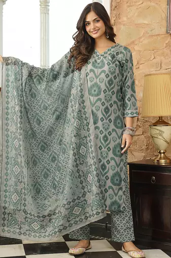 Women grey rayon blend ethnic motifs printed straight kurta trousers with dupatta