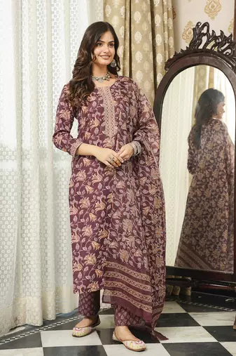 Women brown rayon blend floral printed straight kurta trousers with dupatta