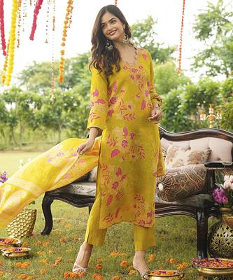 Women yellow viscose rayon floral embroidered straight kurta trousers with dupatta 3