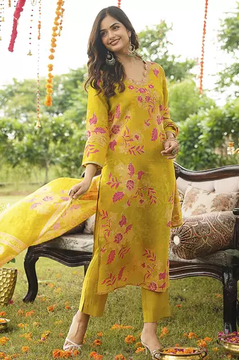 Women yellow viscose rayon floral embroidered straight kurta trousers with dupatta