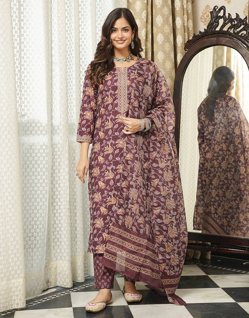 Women brown rayon blend floral printed straight kurta trousers with dupatta
