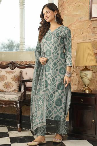 Women grey rayon blend ethnic motifs printed straight kurta trousers with dupatta