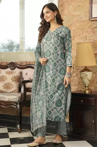 Women grey rayon blend ethnic motifs printed straight kurta trousers with dupatta