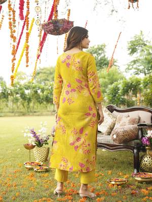 Women yellow viscose rayon floral embroidered straight kurta trousers with dupatta 4