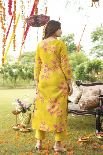 Women yellow viscose rayon floral embroidered straight kurta trousers with dupatta