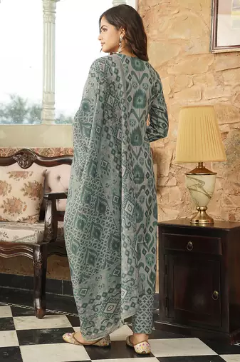 Women grey rayon blend ethnic motifs printed straight kurta trousers with dupatta