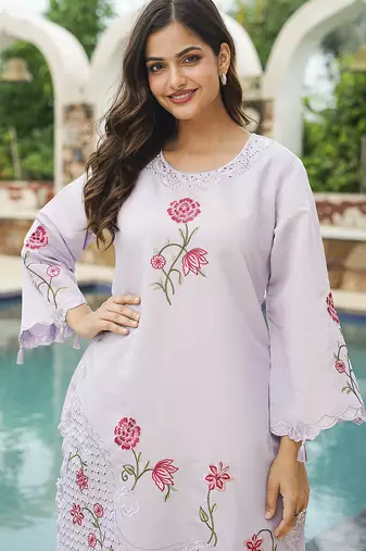 Women lavender silk blend solid embroidered coord sets