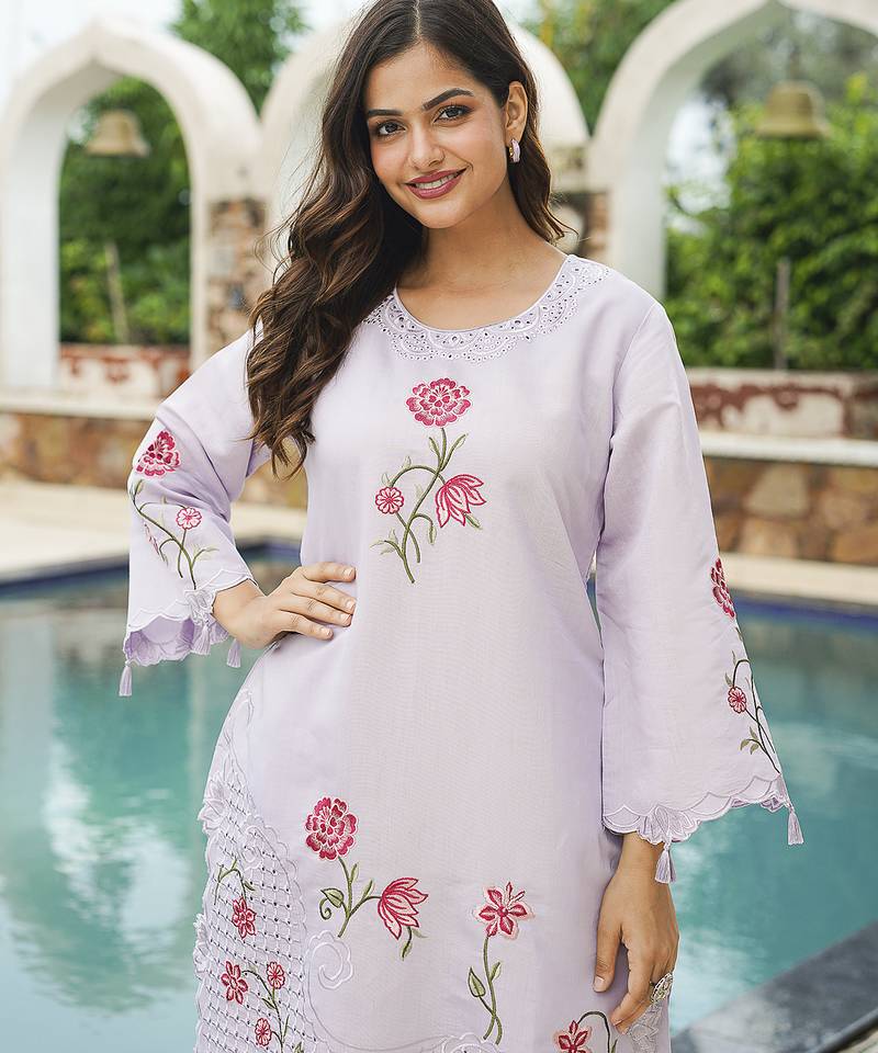 Women lavender silk blend solid embroidered coord sets